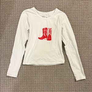 White Long Sleeve Shirt with Red Boot Design